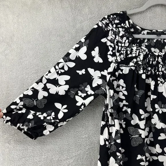 Talbots Top Womens L Black Butterfly Smocked Scoop Neck 3/4 Sleeves Elastic Cuff - Picture 6 of 15